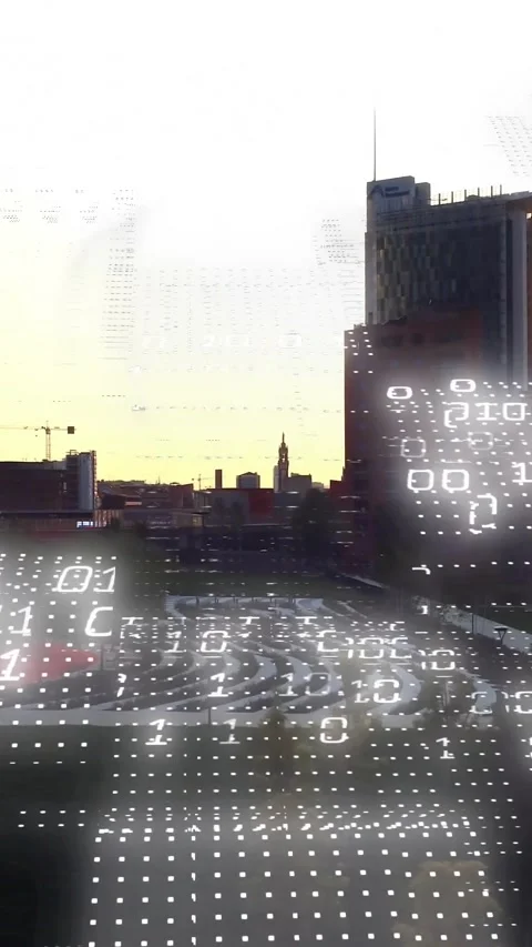 Vertical video: Camera panning, tower showing sun flare, dot and bit grid Video stock 329703381