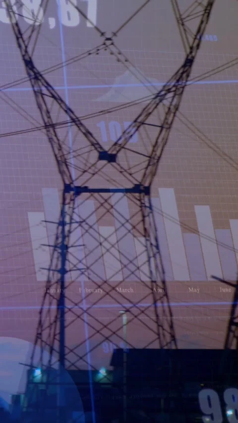 Vertical video: Camera panning from tree, pylons moving across data bars, Stock Footage 334317419