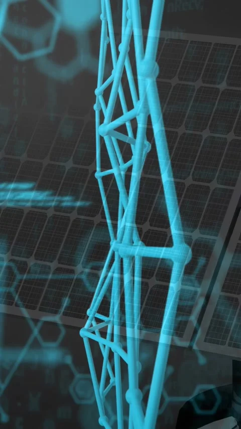 Vertical video: Camera panning, truss rotating, code HUD scrolling over solar Stock Footage 332546817