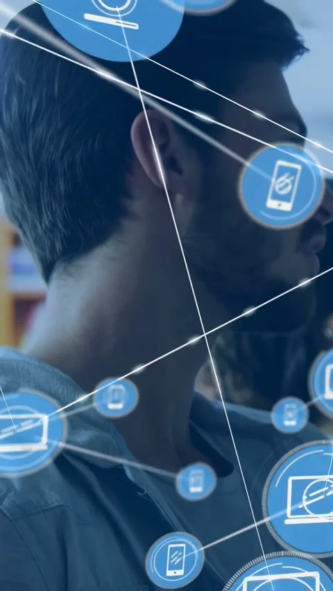 Vertical video: Camera panning upward revealing male, blue icons expanding, Stock Footage 334392209