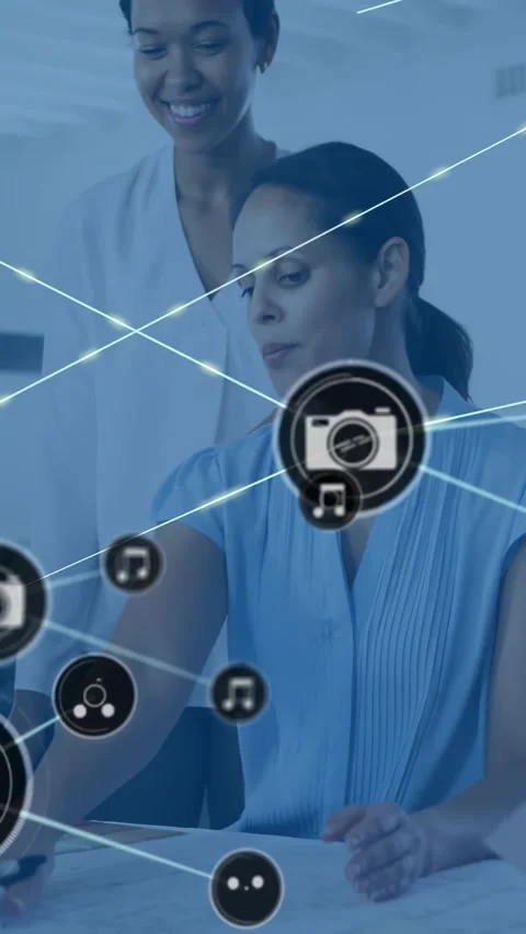 Vertical video: Camera popping, icons growing as she tapping docs, peer nodding, Stock Footage 334602421