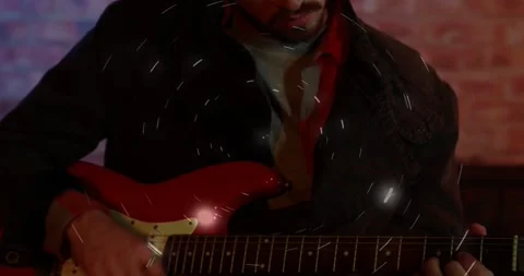 Vertical video: Camera pullback from red guitar, man playing, sparks drifting Video stock 334185358
