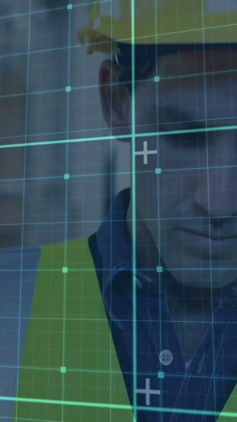 Vertical video: Camera pullback, worker turning left on construction, cyan HUD Stock Footage 332546866
