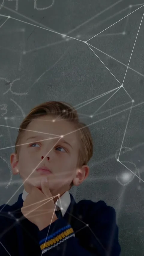 Vertical video: Camera pulling back revealing boy holding chin, solving math Stock Footage 330359044