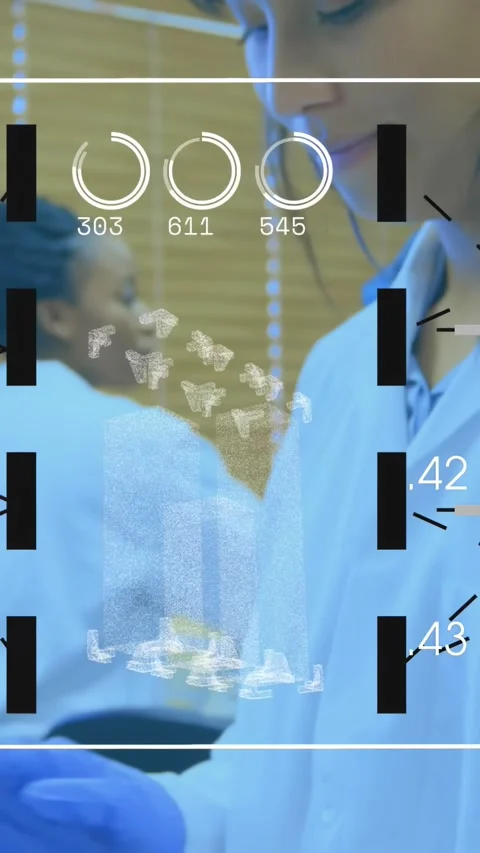 Vertical video: Camera pulling back as gloved woman holding device and reading Stock Footage 330655351