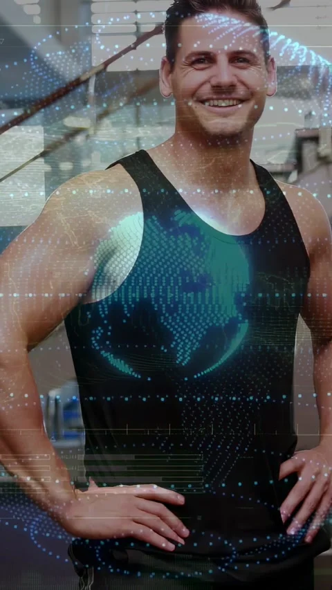 Vertical video: Camera pulling back revealing man posing in gym, digital globe Video stock 330720402