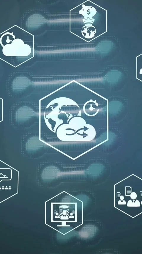 Vertical video: Camera pulling back while central globe or cloud hex pulsing, Video stock 331790143