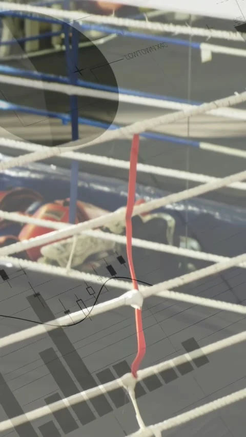 Vertical video: Camera pulling back showing red wire on rope grid, blue rails, Stock Footage 334546865