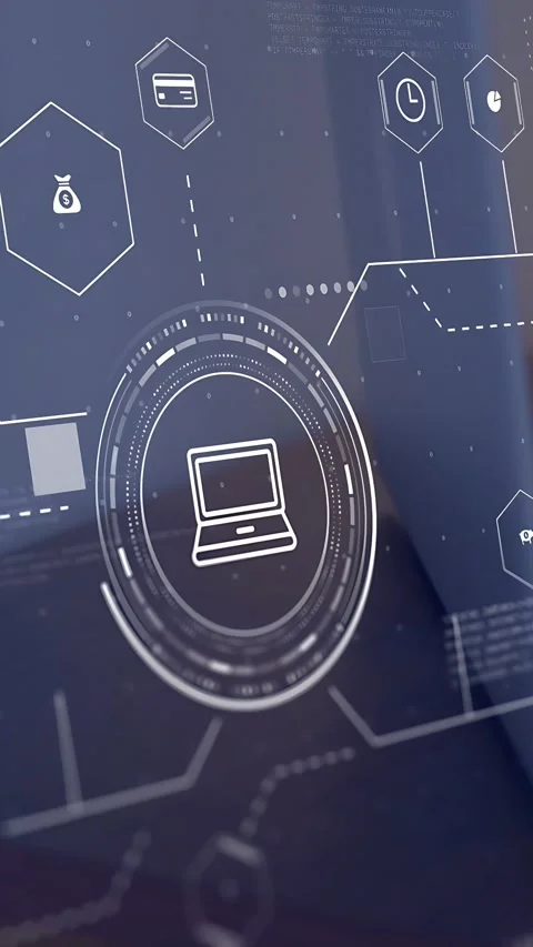 Vertical video: Camera pulling back, hex icons appearing, man pressing keys, Stock Footage 335264327