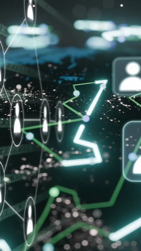 Vertical video: Camera pulling back, network overlay linking nodes, sending Stock Footage 335802616
