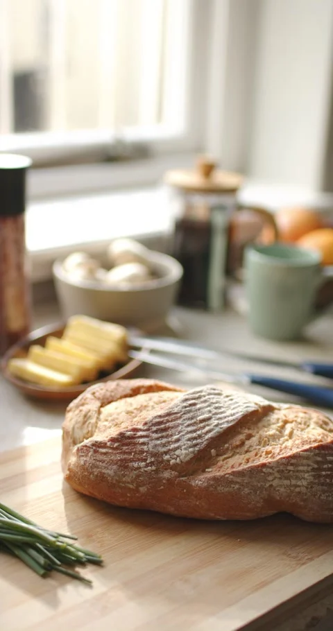 Vertical video: Camera is pulling back and revealing crusty loaf on board by Stock Footage 337734381