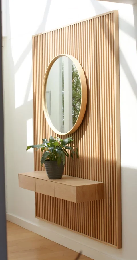 Vertical video: Camera pulling back, door opening, revealing wood slat wall with Stock Footage 345320998