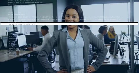 Vertical video: Camera pulling, woman posing reacting to office chat as code Stock Footage 330916815