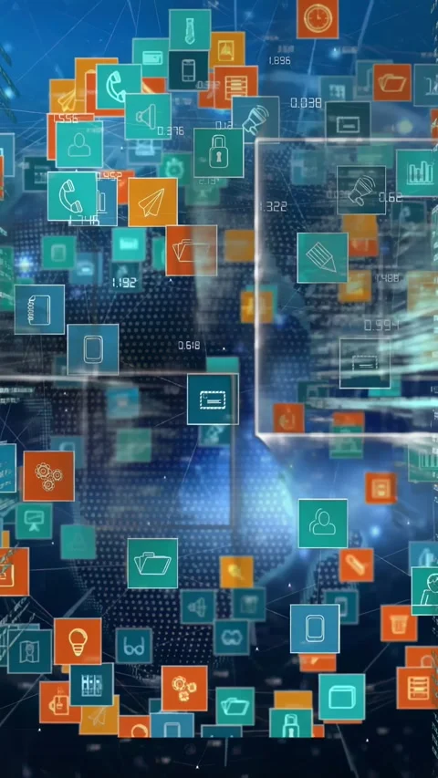 Vertical video: Camera push launching tile cloud into data tunnel, frame Stock Footage 330332487