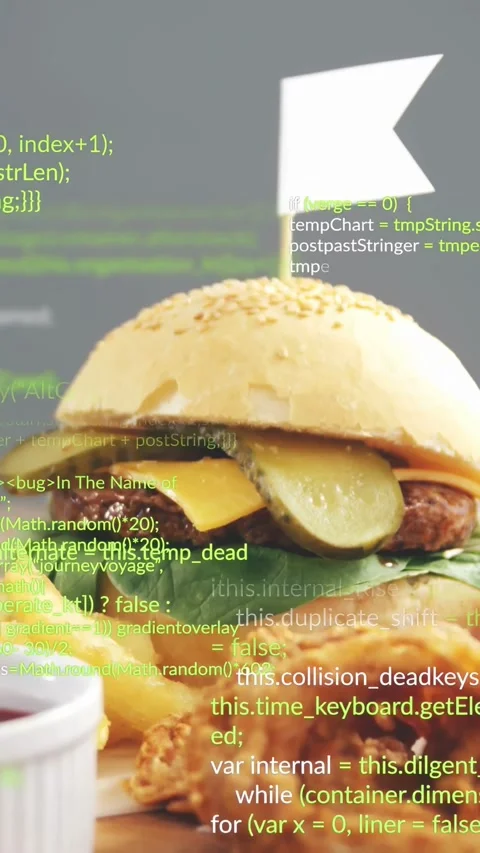 Vertical video: Camera pushing burger into focus as code overlay scrolling, Stock Footage 332735314