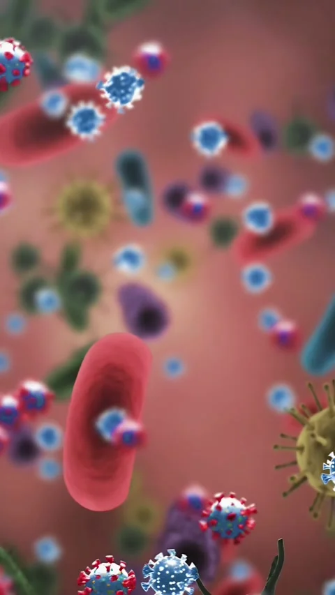 Vertical video: Camera pushing forward, red cells and spiked viruses drifting to Stock Footage 335802752