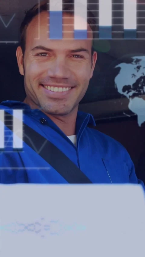 Vertical video: Camera revealing driver studying clipboard, smiling and Stock Footage 333835954