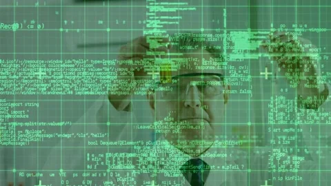 Vertical video: Camera rising as chemist in coat,goggles testing yellow vial at Stock Footage 330540549