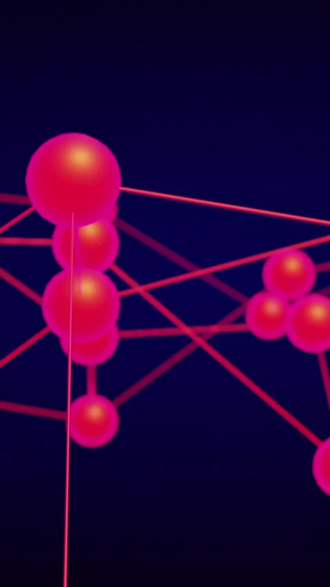 Vertical video: Camera rotating, magenta nodes network shifting to center to Stock Footage 348376209