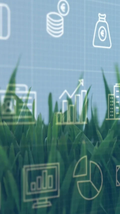 Vertical video: Camera shift moving grass in parallax revealing finance icons Stock Footage 328350159