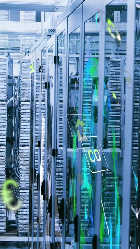 Vertical video: Camera shifting along server racks, overlays flowing and showing Stock Footage 332806327