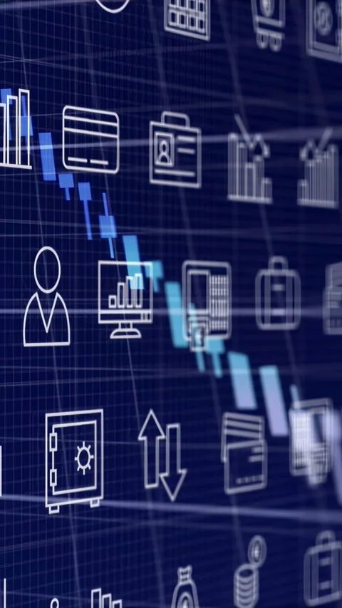 Vertical video: Camera shifting causing icons moving as market bars rising and Stock Footage 332735331