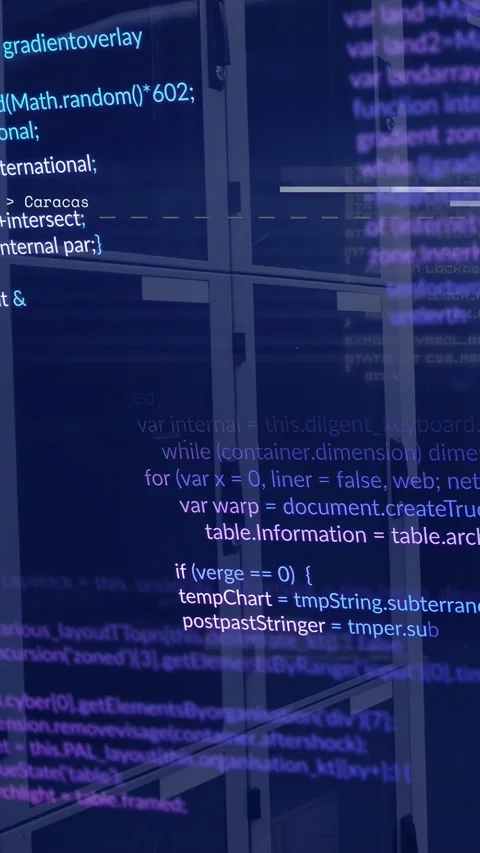 Vertical video: Camera shifting causing code overlay scrolling racks, showing IT Stock Footage 333020589