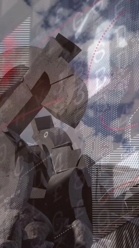 Vertical video: Camera shifting down, showing metal art while data glyphs Stock Footage 335264322