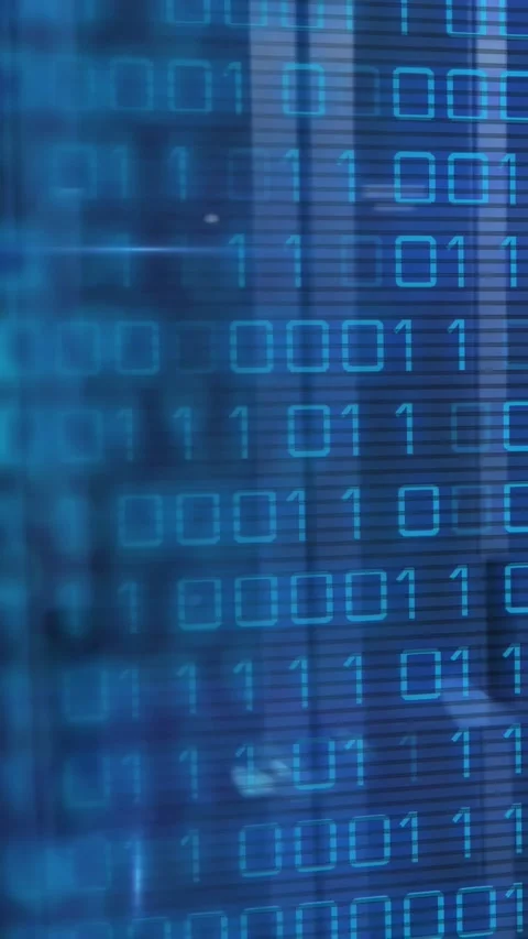 Vertical video: Camera shifting, focusing starting binary glyphs sliding right, Stock Footage 331237919