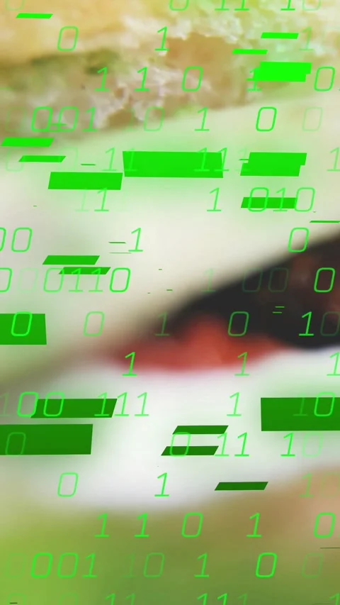 Vertical video: Camera shifting up focusing burger sharpening as green code Stock Footage 334602534