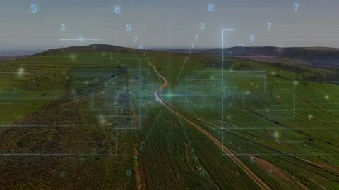Vertical video: Camera shifting, initiating cyan HUD mapping over farm track, Stock Footage 332746853