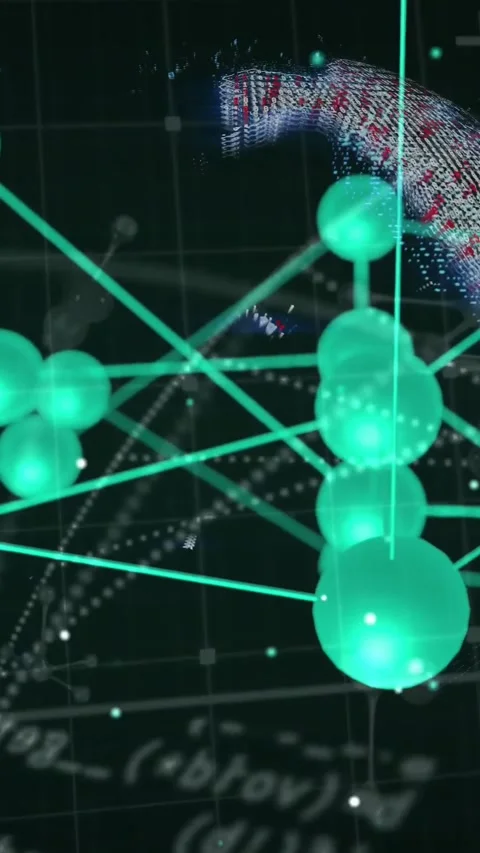 Vertical video: Camera shifting launching teal node network moving, rotating and Stock Footage 329552703