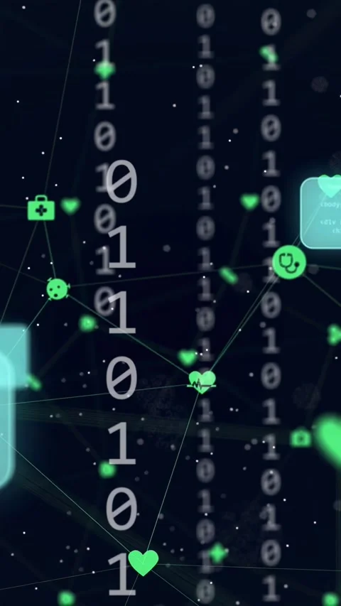 Vertical video: Camera shifting left, rings revealing icons and linking green Stock Footage 334792588