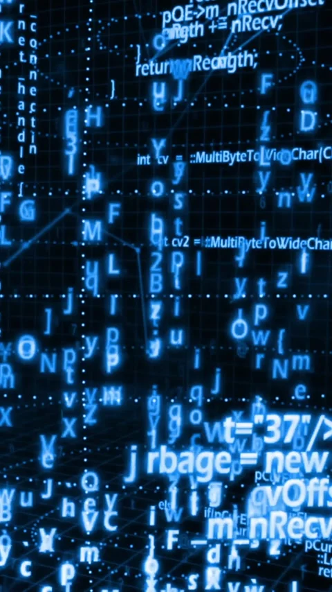 Vertical video: Camera shifting, neon-blue grid revealing falling code, linking Stock Footage 348496230