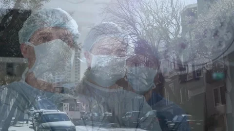 Vertical video: Camera shifting overlay revealing two masked staff over tram Stock Footage 330741499