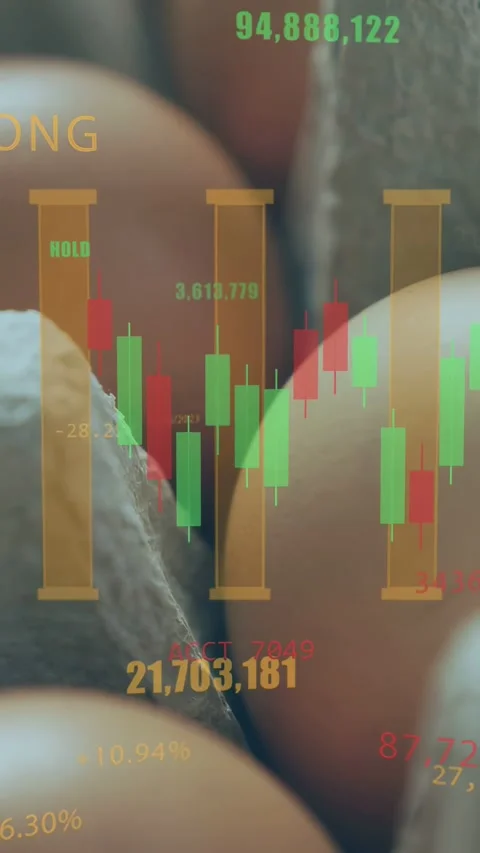 Vertical video: Camera shifting past torn carton tip, eggs moving, chart Video stock 333542076