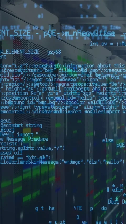 Vertical video: Camera shifting, sending blue code scrolling down, revealing Stock Footage 332615082