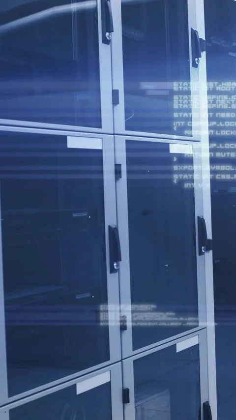 Vertical video: Camera sliding right and up, glass lockers showing code Stock Footage 348636053