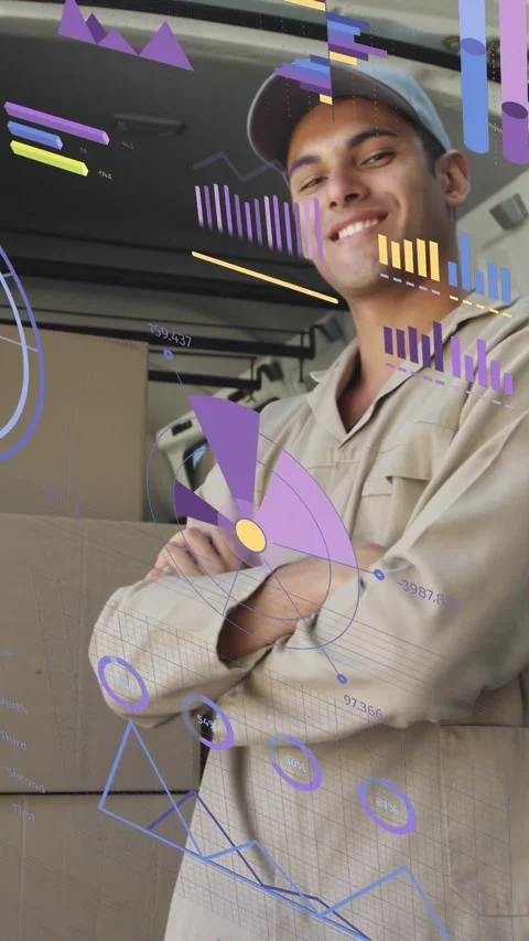 Vertical video: Camera starting AR charts over torso man holding crossed-arms Stock Footage 334423252