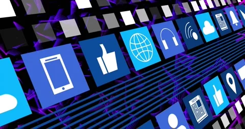 Vertical video: Camera starting close-up, blue icon tiles panning in digital Stock Footage 331169458