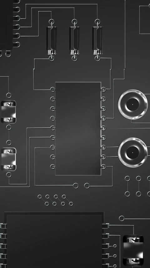 Vertical video: Camera starting downward scroll across PCB, revealing ICs, Stock Footage 348566459