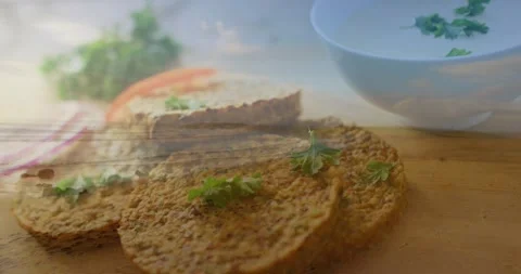 Vertical video: Camera starting ghosting, capturing three patties on board for Stock Footage 330509489