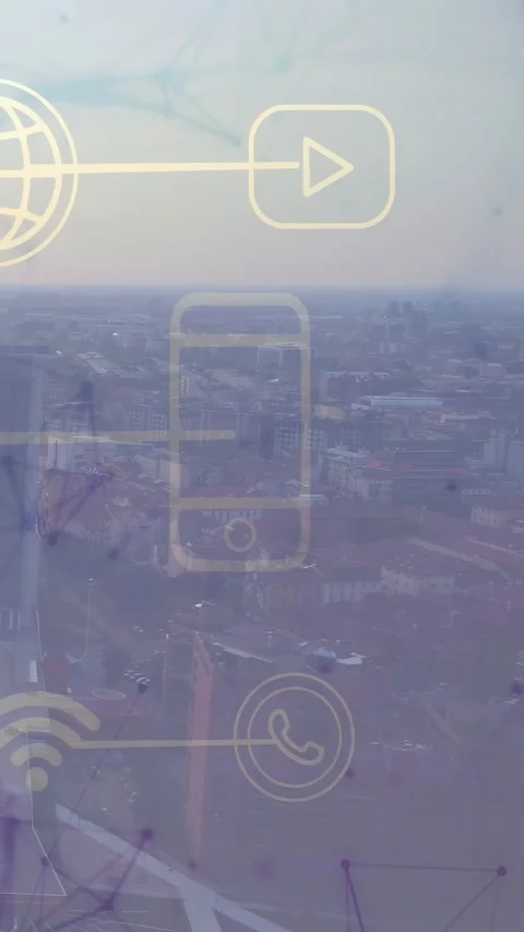 Vertical video: Camera starting, icons staying on smudged glass as city sliding Stock Footage 330196100