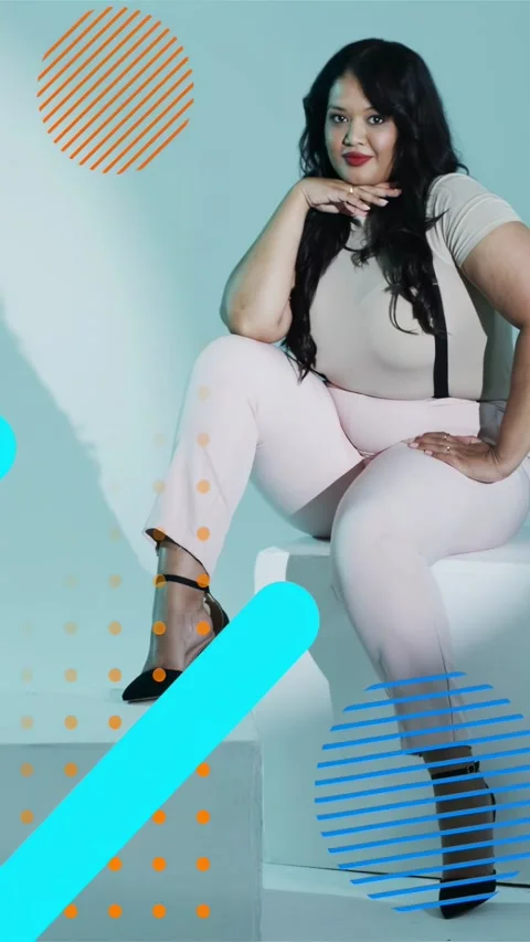 Vertical video: Camera starting model touching hair as cyan bar and dots sliding Stock Footage 335513271