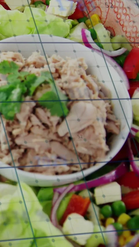 Vertical video: Camera sweeping salad revealing tuna while blue grid annotating 库存影片 334602728