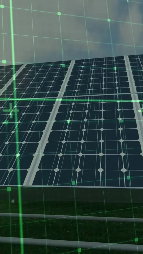 Vertical video: Camera sweeping through solar array, revealing panel faces and Stock Footage 334599209