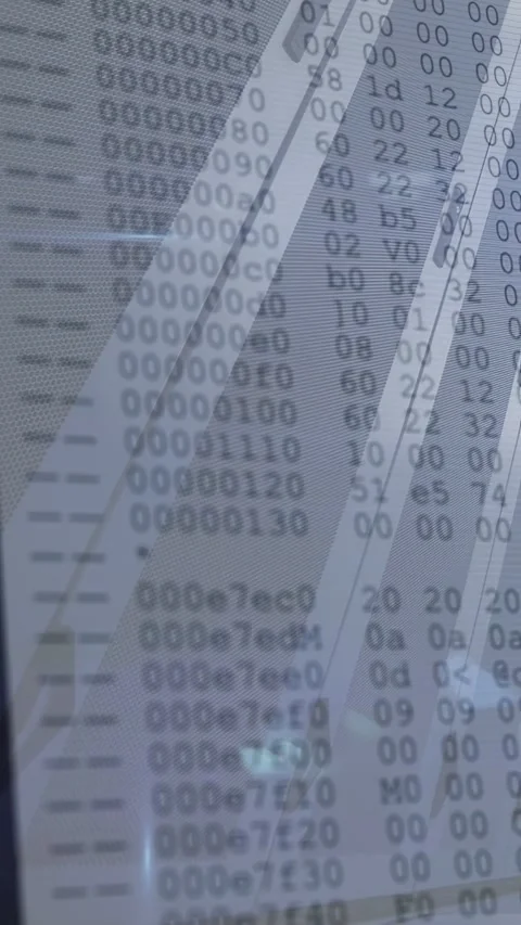 Vertical video: Camera tilting slowly revealing hexdump offsets over slats on Stock Footage 332644533
