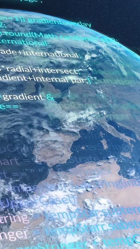 Vertical video: Camera tilting starting code stream scrolling over Earth, Stock Footage 332735264