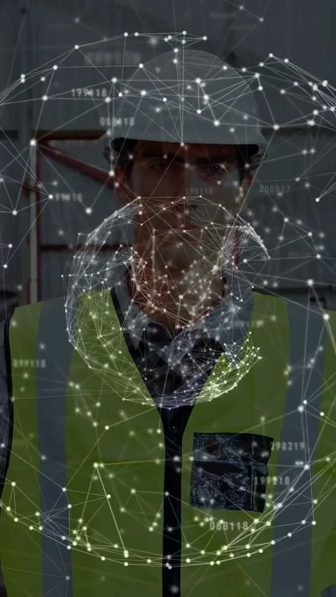 Vertical video: Camera tilting starting network globe scanning worker overlay Stock Footage 334381916