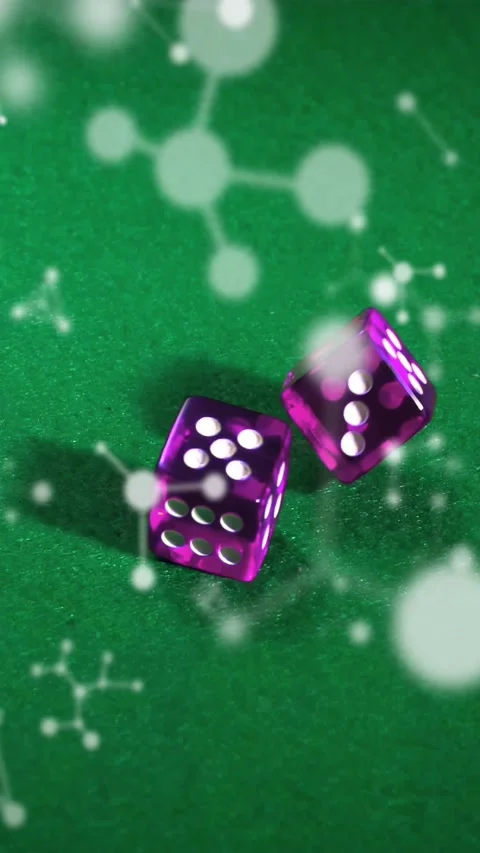 Vertical video: Off-camera toss sending two purple dice tumbling across felt to Stock Footage 328448622